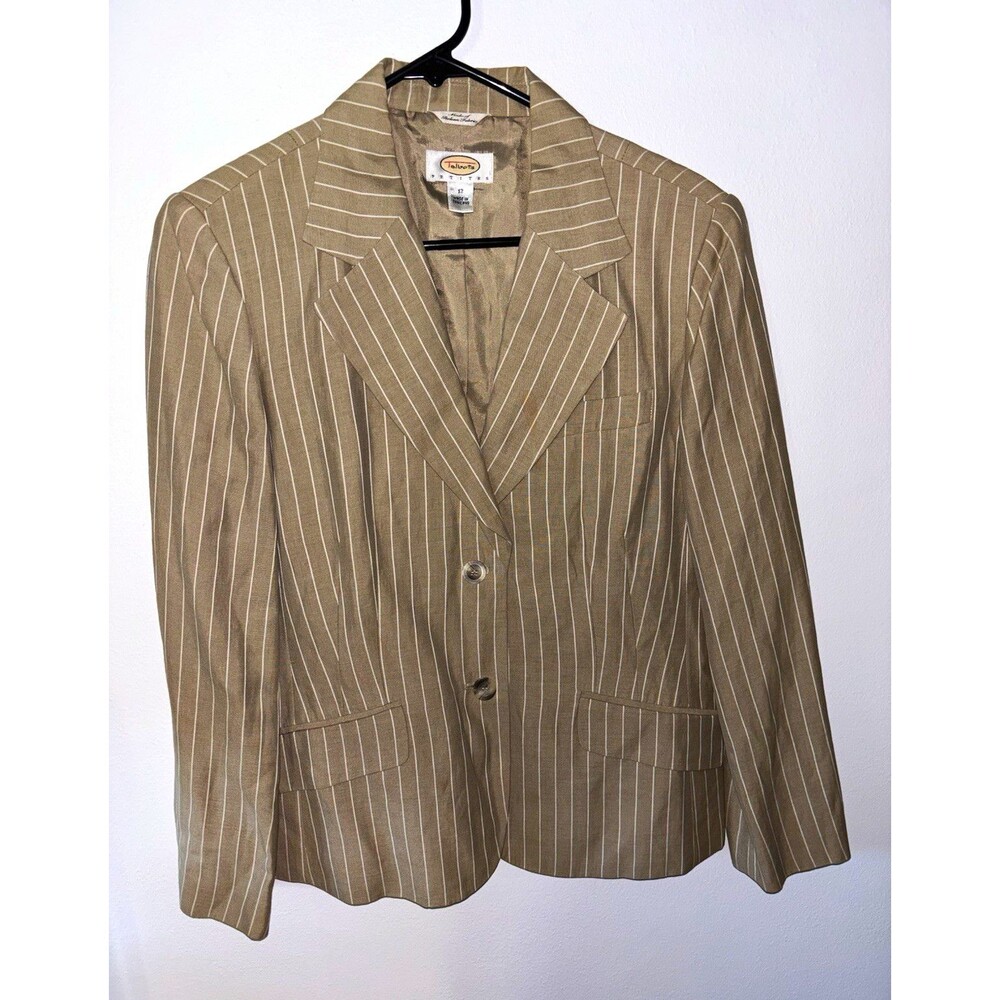 Talbots Petites 12P Beige Pinstripe Rayon Linen Lined Notch Lapel Blazer